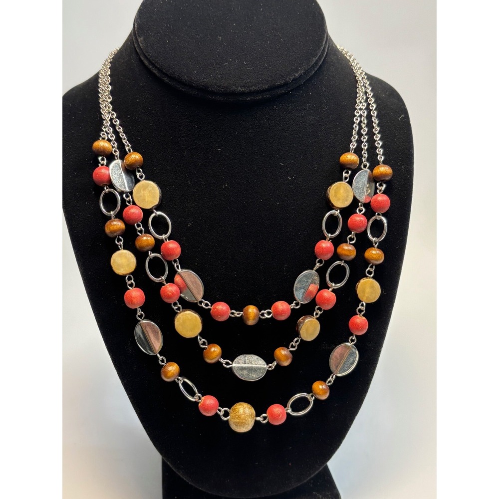 NY and Co Layered Necklace Silver Red Brown Wood Bead Multi Strand Statement